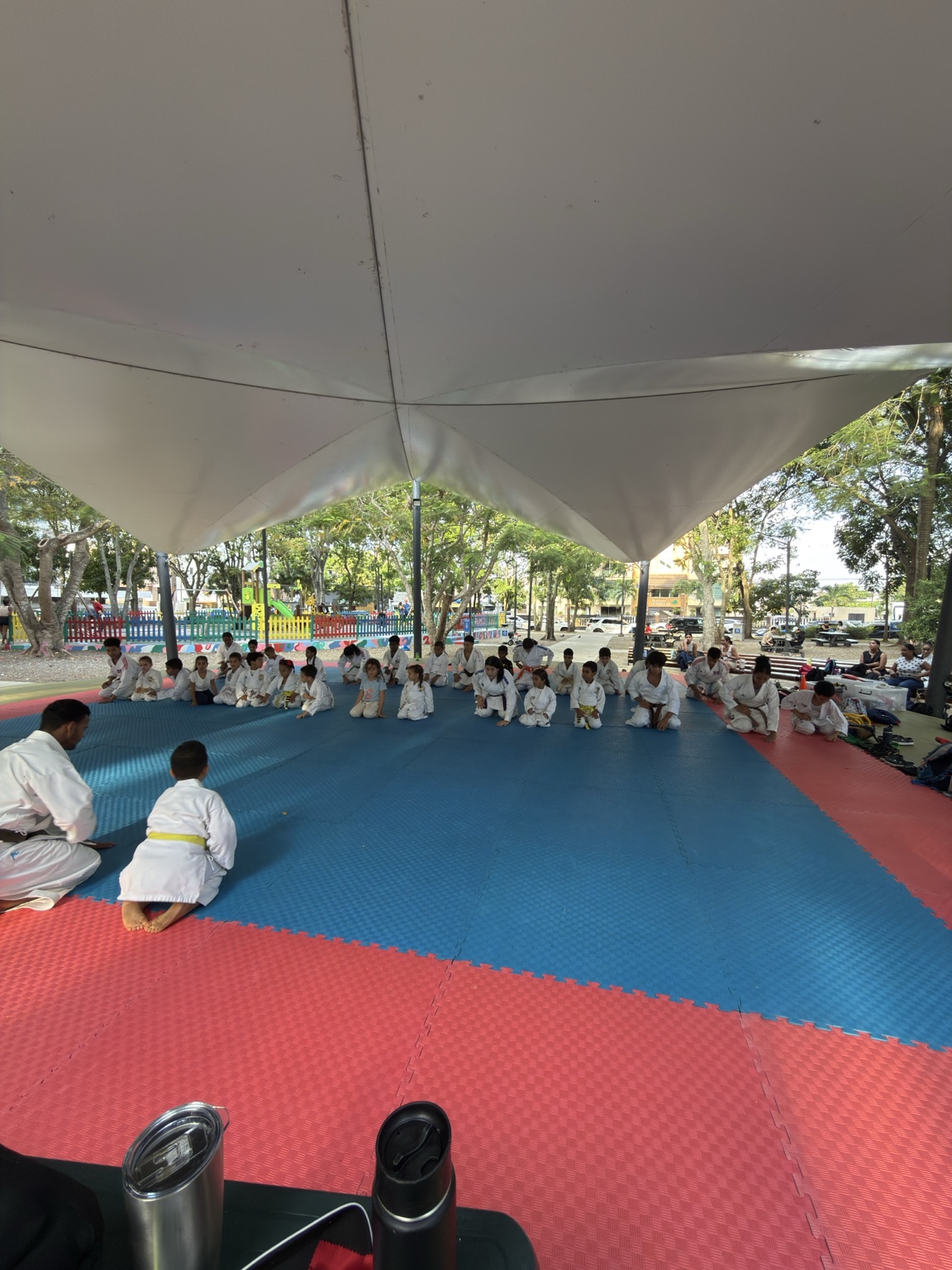 Wide view of a karate class at the Hombu