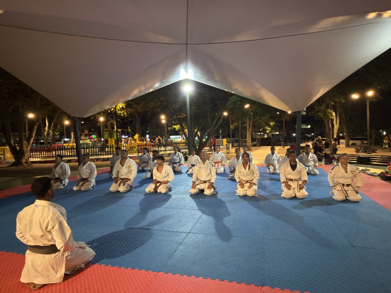 Karate class seated in formal training formation